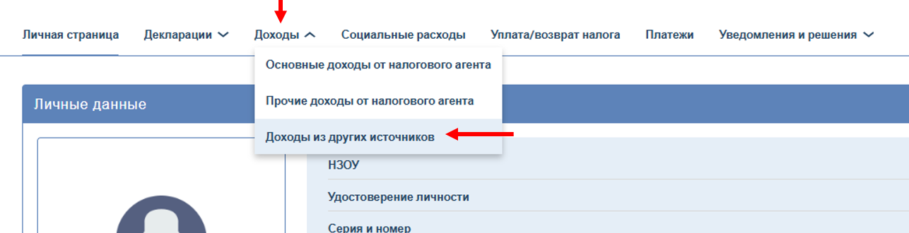Вход в раздел “Доходы из других источников”.