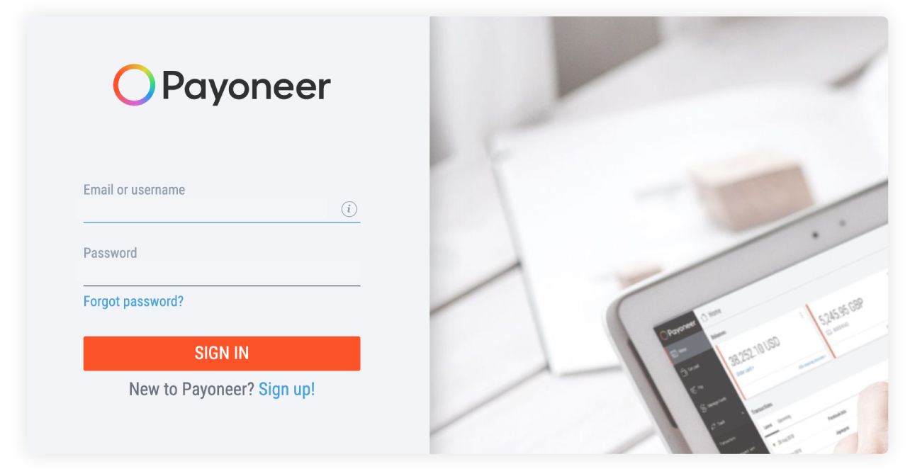 Страница авторизации Payoneer