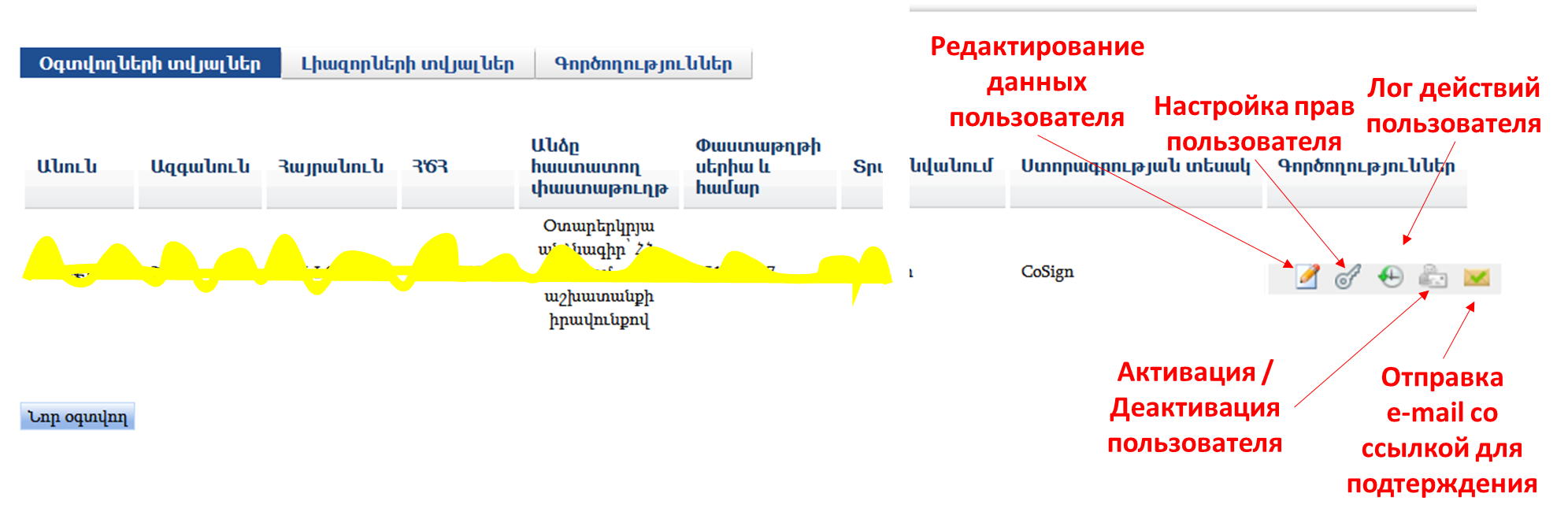 Действия над учётной записью