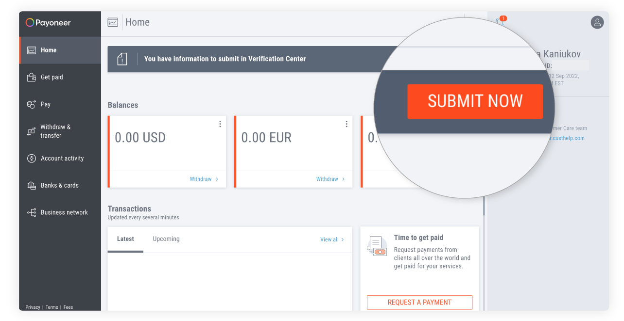 Сообщение на стартовом экране Payoneer о необходимости предоставить информацию Центру Верификации. 