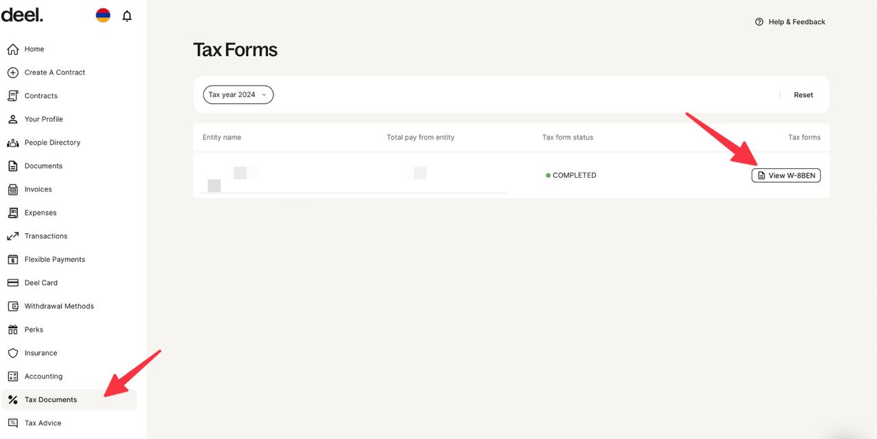 Страница Tax forms в интерфейсе Deel, на которой начинается редактирование формы W-8 BEN для ФЛ.