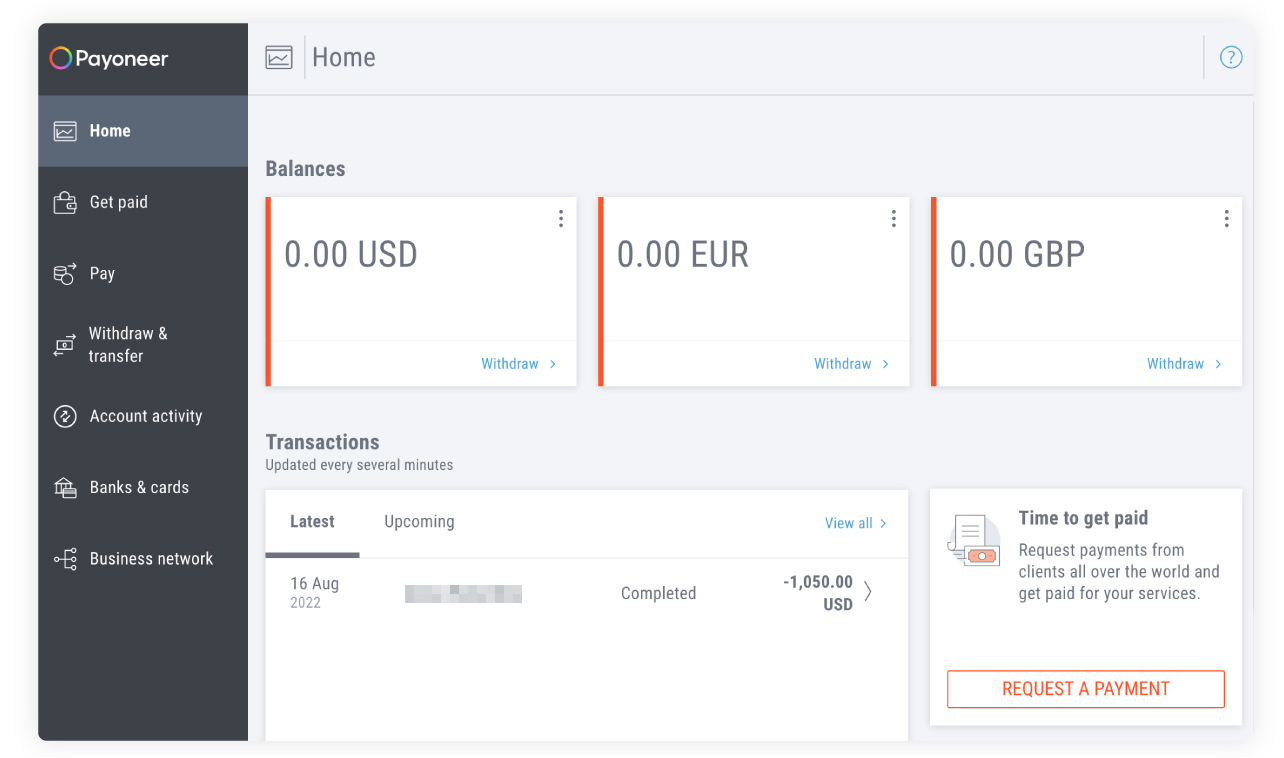 Стартовый экран (дашборд) личного кабиинета Payoneer