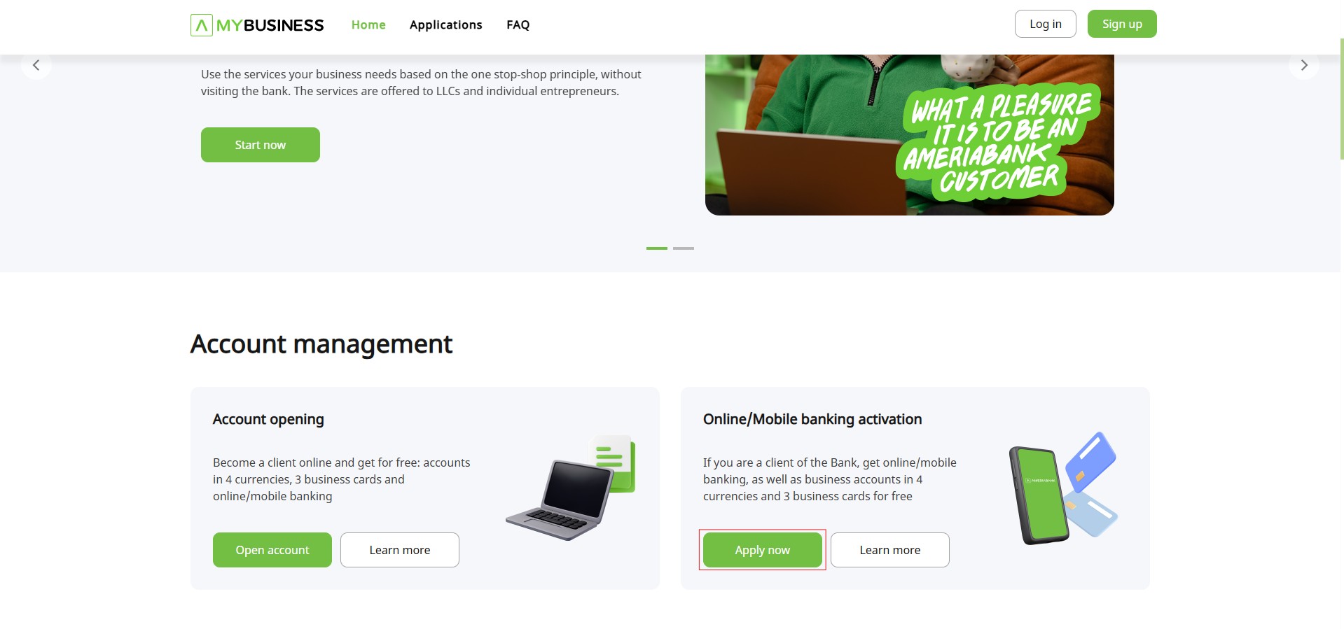 Мини-сайт Ameria MyBusiness с кнопкой Apply now