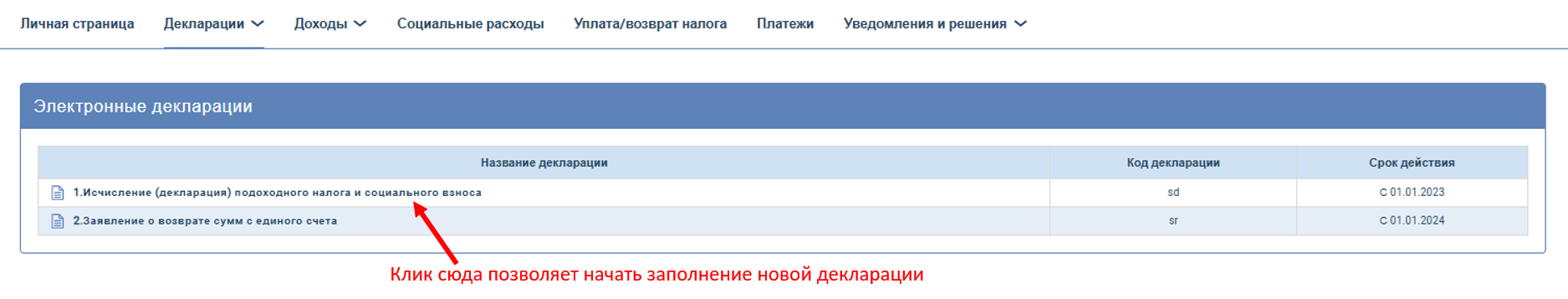 Создание новой декларации доходов